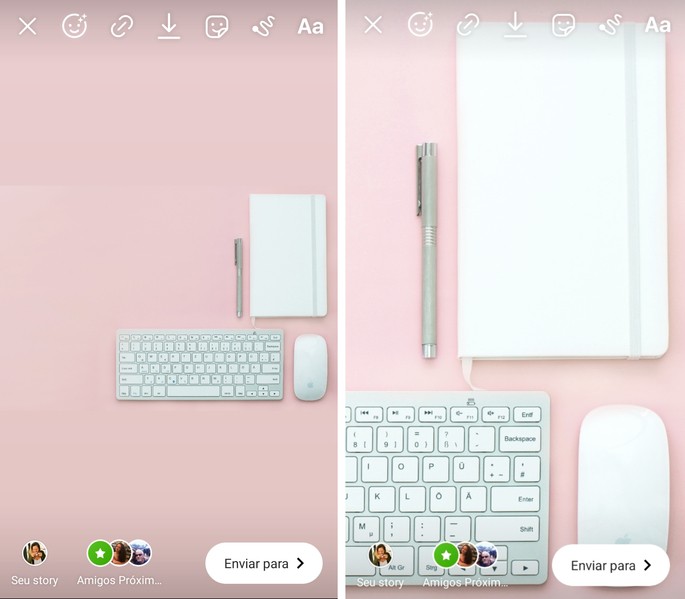 Posts nos Stories de uma foto com o fundo rosa, caderno, teclado e mouse