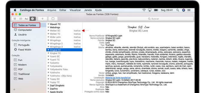 tela do Catálogo de Fontes do macOS