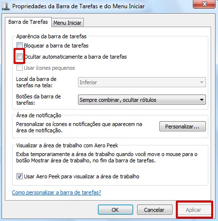 Propriedades da barra de tarefas do Windows 7