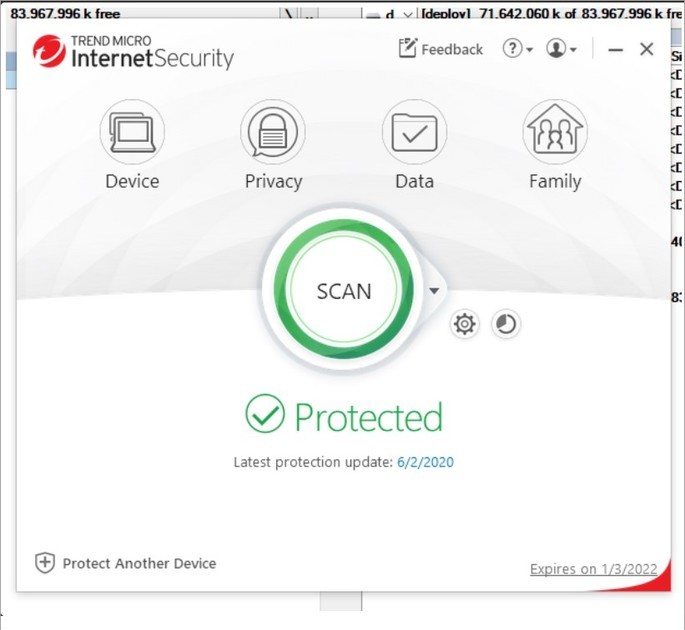 Captura de tela do software de segurança Trend Micro Internet Security